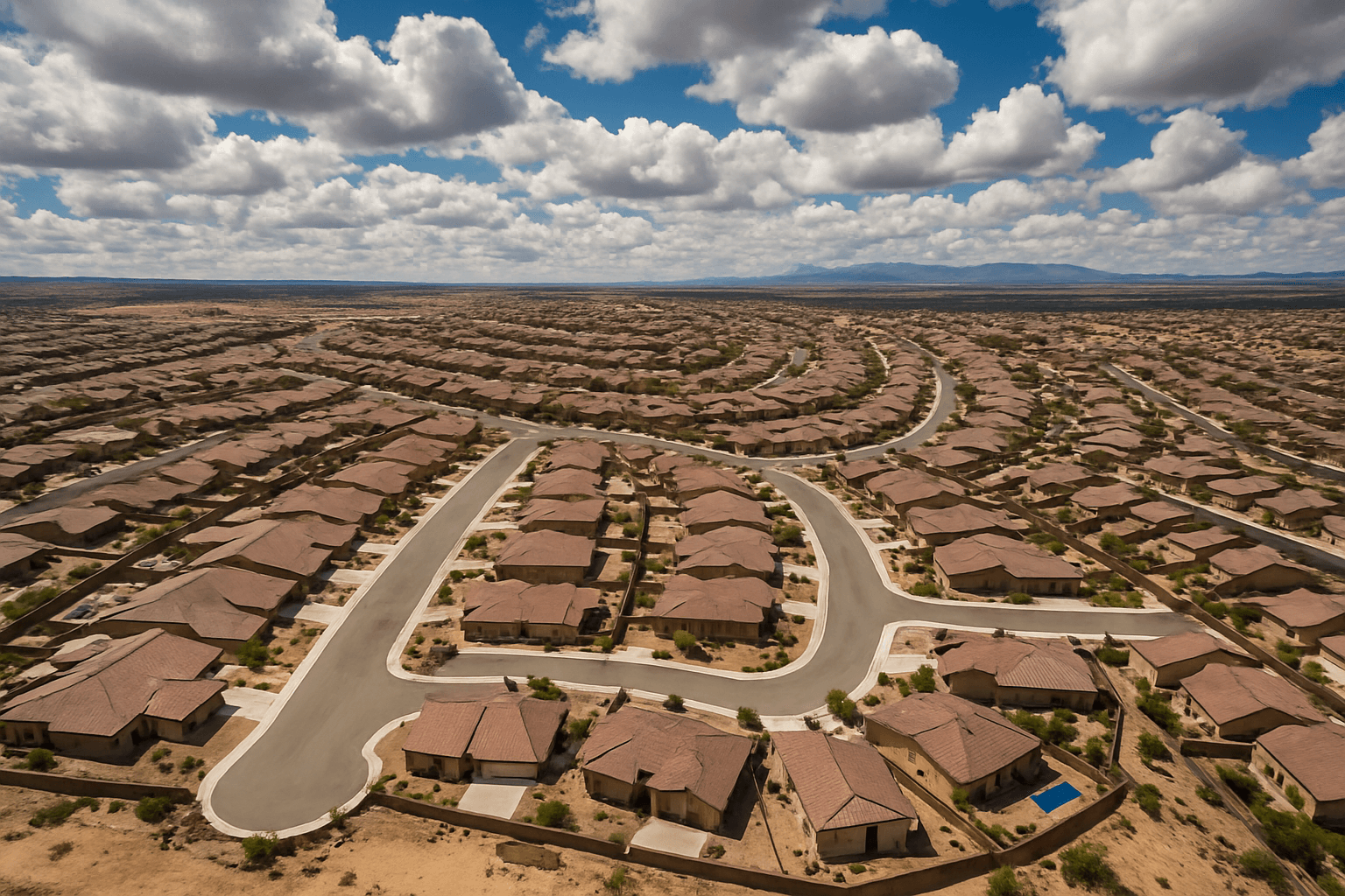 Aerial view of large suburban housing development with terracotta roofs in desert landscape under cloudy sky
